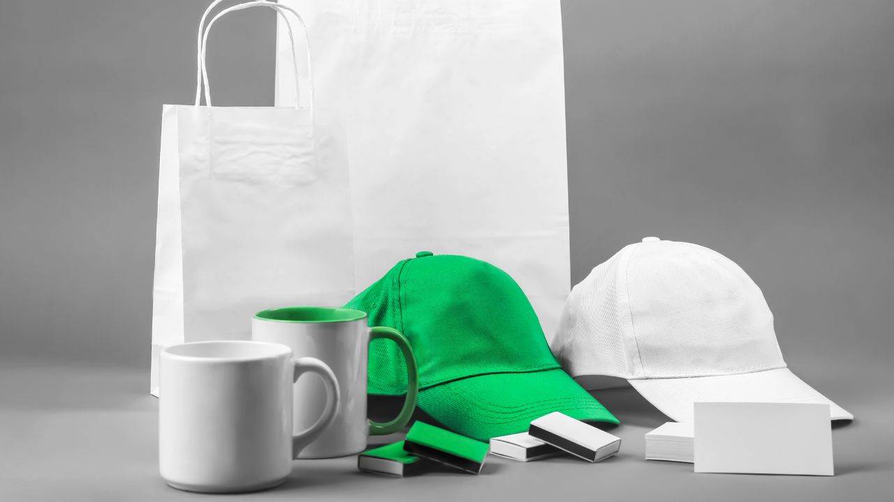 Hats, cups, pens, and bags all make great promotional products for buisnesses.